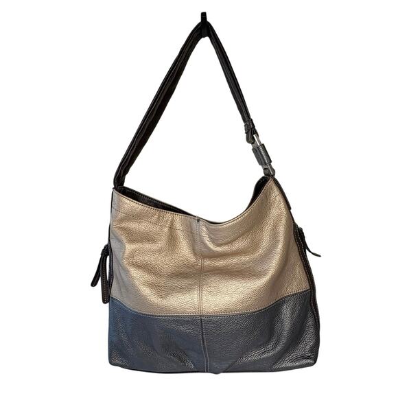 Tignanello Pebble Leather Shoulder Bag | Brown, Silver & Gold Color Block | EUC - Picture 1 of 13